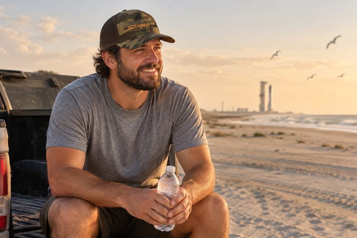 A visitor in the Starbase TX camo hat on Boca Chica Beach