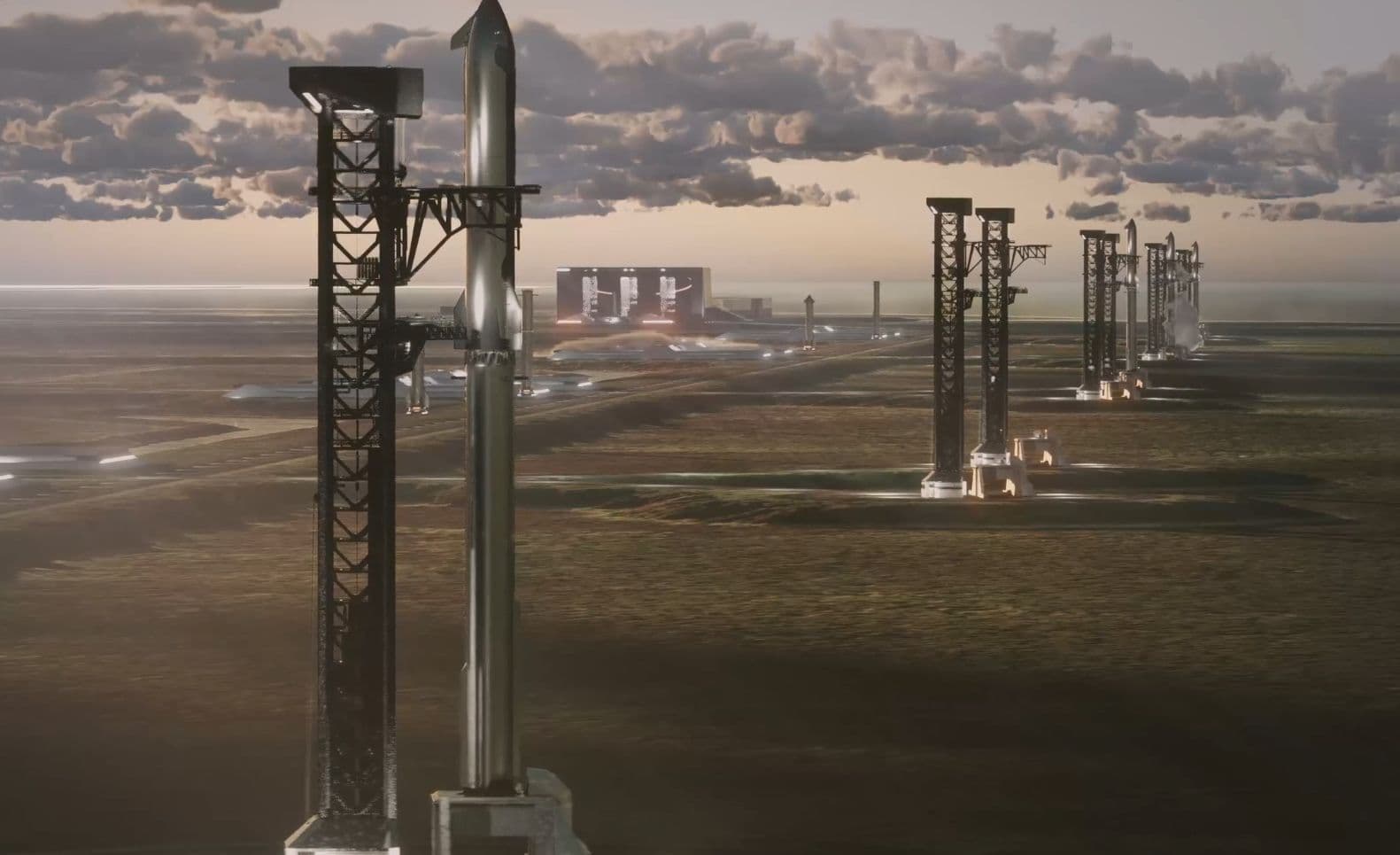SpaceX concept render of Starbase, Louisiana: a Starship stacked on a launch tower in the foreground with a line of further towers receding across flat coastal marsh under a low sunset.
